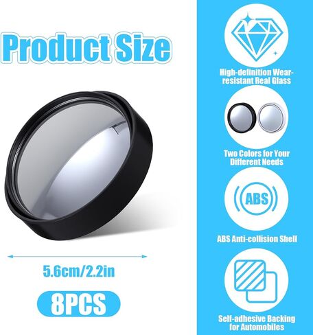 8Pcs Blind Spot Mirrors for Car,Self Adhesive Round Convex Mirror, 360° Wide Angle Side View Mirrors with ABS Housing, Universal Fit Car Blind Spot Mirror (Black, White) in Saudi Arabia