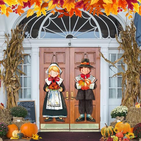 2 Thanksgiving Scarecrow Hanging Sign Girl Boy Wooden Fall Welcome Sign Thanksgiving Scarecrow Hanging Decoration for Home Front Door Porch Wall Harvest, 27.5 x 10 in (Scarecrow Pumpkin) in Saudi Arabia