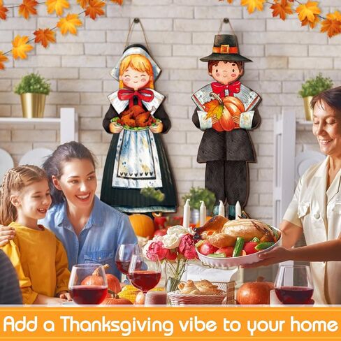 2 Thanksgiving Scarecrow Hanging Sign Girl Boy Wooden Fall Welcome Sign Thanksgiving Scarecrow Hanging Decoration for Home Front Door Porch Wall Harvest, 27.5 x 10 in (Scarecrow Pumpkin) in Saudi Arabia