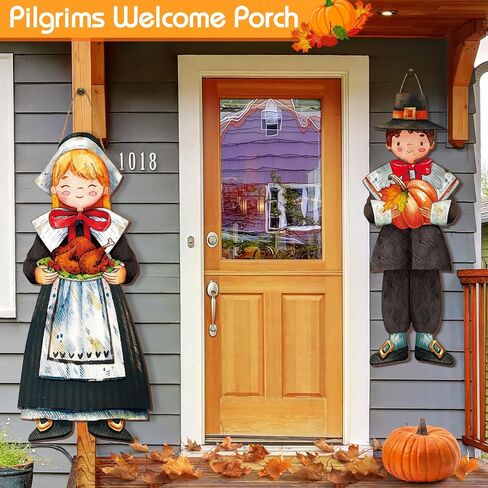 2 Thanksgiving Scarecrow Hanging Sign Girl Boy Wooden Fall Welcome Sign Thanksgiving Scarecrow Hanging Decoration for Home Front Door Porch Wall Harvest, 27.5 x 10 in (Scarecrow Pumpkin) in Saudi Arabia