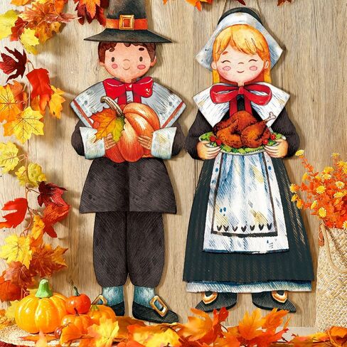 2 Thanksgiving Scarecrow Hanging Sign Girl Boy Wooden Fall Welcome Sign Thanksgiving Scarecrow Hanging Decoration for Home Front Door Porch Wall Harvest, 27.5 x 10 in (Scarecrow Pumpkin) in Saudi Arabia