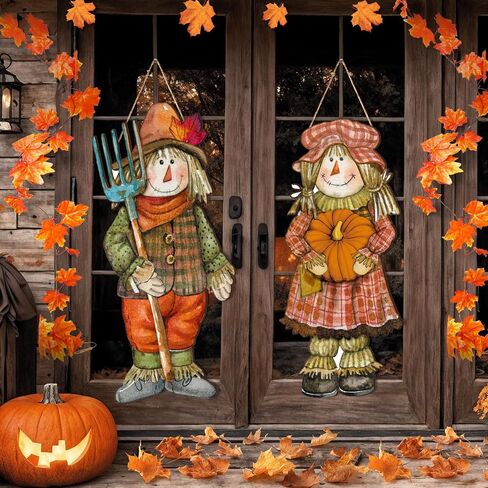 2 Thanksgiving Scarecrow Hanging Sign Girl Boy Wooden Fall Welcome Sign Thanksgiving Scarecrow Hanging Decoration for Home Front Door Porch Wall Harvest, 27.5 x 10 in (Scarecrow Pumpkin) in Saudi Arabia