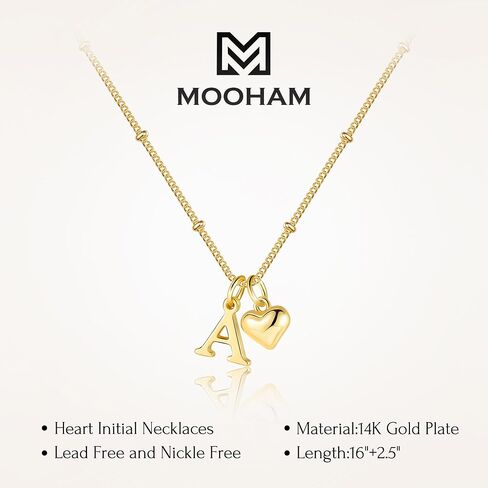 M Mooham Heart Necklace الأولي للنساء الفتيات - 14 كيلو بيل مطلي بالذهب A -Z قلادة قلادة لذيذ قلادة صغيرة قلادة أولية عيد ميلاد للنساء المجوهرات in Saudi Arabia