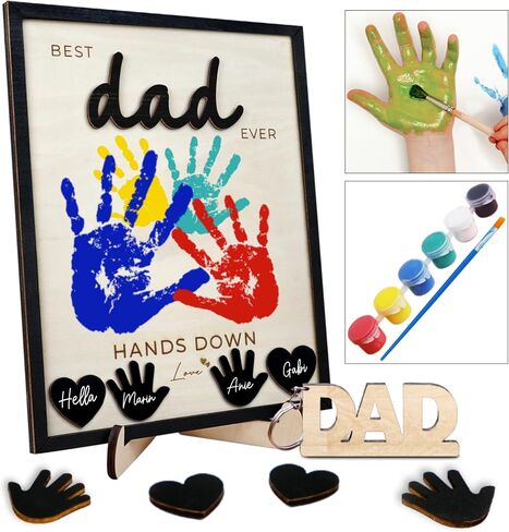 10" Hands Down Best Dad Ever DIY Handprint Kit with Acrylic Paint, Art Craft Family Keepsake Wood Frame Dad Keychain Birthday Father's Day Gift for Daddy, Papa Family Sign with Kids Names HF90-D in Saudi Arabia