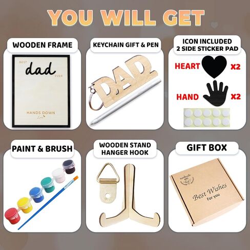 10" Hands Down Best Dad Ever DIY Handprint Kit with Acrylic Paint, Art Craft Family Keepsake Wood Frame Dad Keychain Birthday Father's Day Gift for Daddy, Papa Family Sign with Kids Names HF90-D in Saudi Arabia