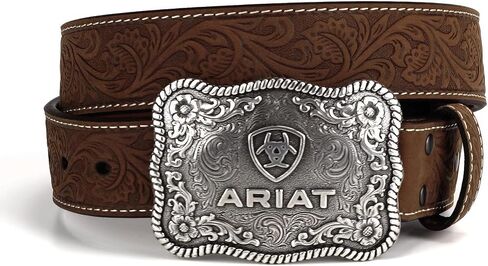 ARIAT Men's Genuine Aged Bark Leather Belt w/Floral Embossed with Antique Silver Logo Buckle in Saudi Arabia