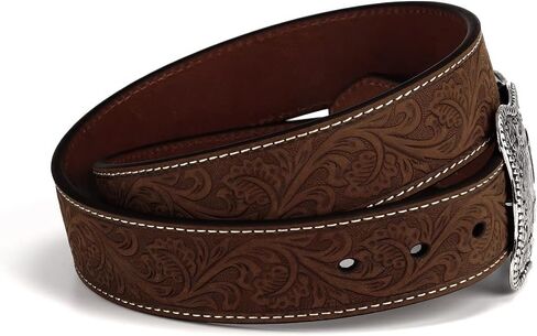 ARIAT Men's Genuine Aged Bark Leather Belt w/Floral Embossed with Antique Silver Logo Buckle in Saudi Arabia