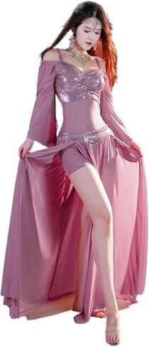 Women Belly Dance Long Dress Bellydance Suit for Women Sequin Long Sleeved Split Skirt 2pcs Adult Dance Professional Practice Clothes(Pink,M) in Saudi Arabia