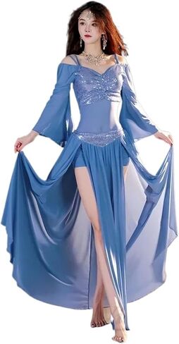 Women Belly Dance Long Dress Bellydance Suit for Women Sequin Long Sleeved Split Skirt 2pcs Adult Dance Professional Practice Clothes(Pink,M) in Saudi Arabia
