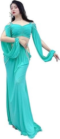 Women Belly Dance Long Dress Belly Dance Clothing for Women Mesh Pearls Sleeves 2pcs Girl's Oriental Costumes Set in Saudi Arabia