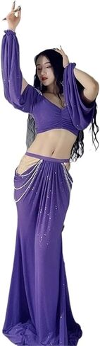 Women Belly Dance Long Dress Belly Dance Clothing for Women Mesh Pearls Sleeves 2pcs Girl's Oriental Costumes Set in Saudi Arabia