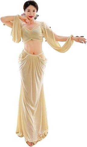 Women Belly Dance Long Dress Belly Dance Clothing for Women Mesh Pearls Sleeves 2pcs Girl's Oriental Costumes Set in Saudi Arabia