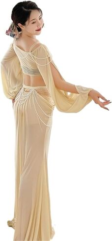 Women Belly Dance Long Dress Belly Dance Clothing for Women Mesh Pearls Sleeves 2pcs Girl's Oriental Costumes Set in Saudi Arabia