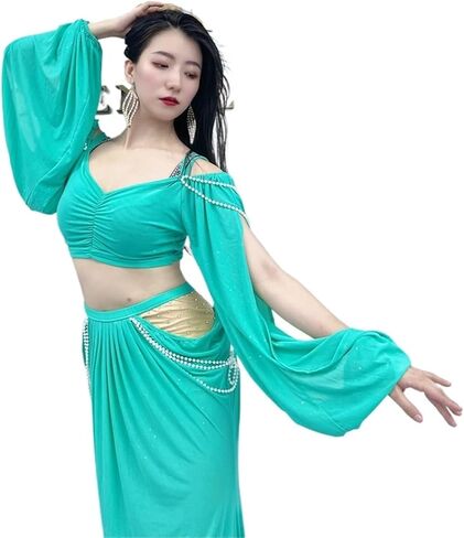 Women Belly Dance Long Dress Belly Dance Clothing for Women Mesh Pearls Sleeves 2pcs Girl's Oriental Costumes Set in Saudi Arabia