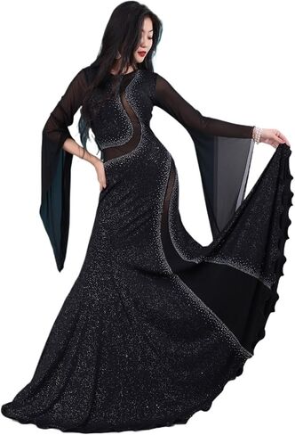 نساء رقصة بطن طويلة لباس 1pcs/مجموعة رقصة بطن طويلة اللباس رمي رداء الرقص أزياء أداء مثير in Kuwait