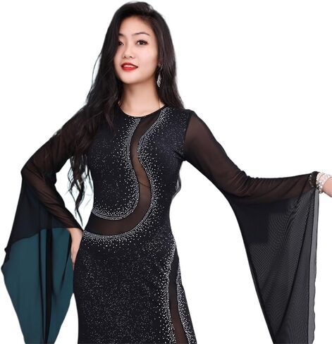 نساء رقصة بطن طويلة لباس 1pcs/مجموعة رقصة بطن طويلة اللباس رمي رداء الرقص أزياء أداء مثير in Kuwait
