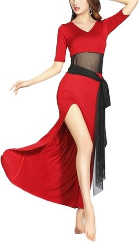 Women Belly Dance Long Dress Belly Dance Practice Clothing One Pieces Sexy High Split Dress Women Lady Elegant Dancing Costume(Wine Red,XXXL) in Saudi Arabia