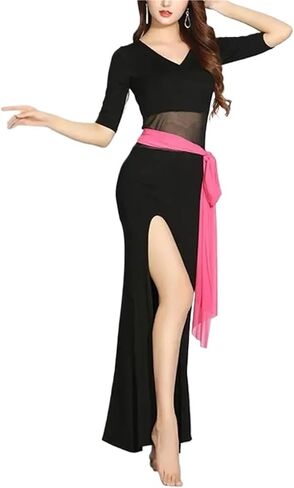 Women Belly Dance Long Dress Belly Dance Practice Clothing One Pieces Sexy High Split Dress Women Lady Elegant Dancing Costume(Wine Red,XXXL) in Saudi Arabia