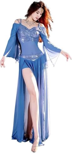 Women Belly Dance Long Dress Bellydance Suit for Women Sequin Long Sleeved Split Skirt 2pcs Adult Dance Professional Practice Clothes(Blue,XL) in Saudi Arabia