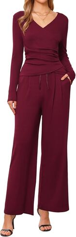 مجموعات Allegra K Lounge للسيدات المكون من 2 قطعة V Draphring Fall Long Sleeve Wide Leg Mets مع جيوب in Saudi Arabia