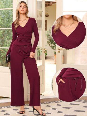 مجموعات Allegra K Lounge للسيدات المكون من 2 قطعة V Draphring Fall Long Sleeve Wide Leg Mets مع جيوب in Saudi Arabia