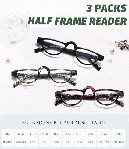 Hubeye 3 Pairs Plastic Retro Half Moon Frame Reading Glasses Lightweight Spring Hinge Women and Men Reader +2.0 in Kuwait