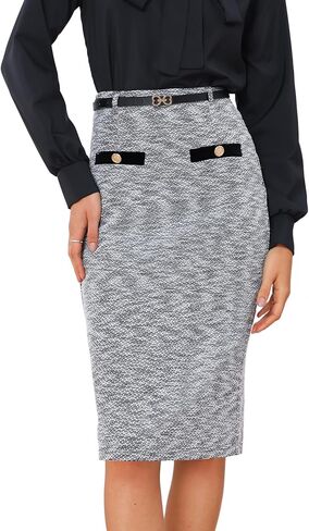 Allegra K Pencil Skirt for Women Midi Length High Waisted Tweed Skirt Button Decor Bodycon Office Work Skirts with Belt in Saudi Arabia
