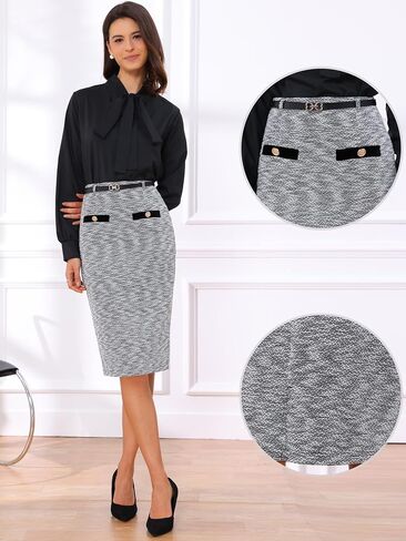Allegra K Pencil Skirt for Women Midi Length High Waisted Tweed Skirt Button Decor Bodycon Office Work Skirts with Belt in Saudi Arabia