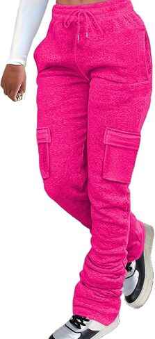 Women's Cargo Sweatpants Stacked Pants High Waisted Fleece Casual Workout Joggers Trousers Black in Saudi Arabia