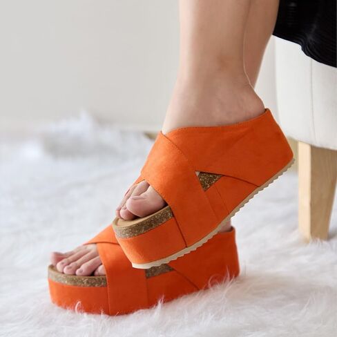 Makers Shoes - NINA 2 - Platform Slide Sandals, Cork Footbed, Suede Cross-Strap Design in Kuwait