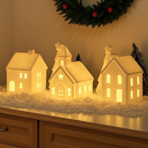 5Pcs White Ceramic Christmas Village Houses, Porcelain Light Up Christmas Village, 3 Village Figurines and 2 Trees, Tabletop Christmas Decor for Home, Winter Holiday Display, DIY Gift in Saudi Arabia
