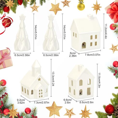 5Pcs White Ceramic Christmas Village Houses, Porcelain Light Up Christmas Village, 3 Village Figurines and 2 Trees, Tabletop Christmas Decor for Home, Winter Holiday Display, DIY Gift in Saudi Arabia