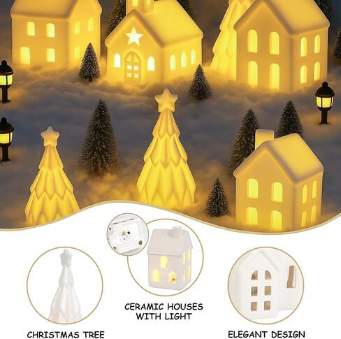 5Pcs White Ceramic Christmas Village Houses, Porcelain Light Up Christmas Village, 3 Village Figurines and 2 Trees, Tabletop Christmas Decor for Home, Winter Holiday Display, DIY Gift in Saudi Arabia