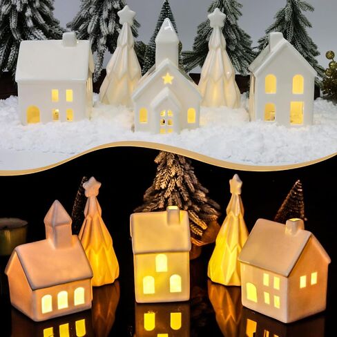 5Pcs White Ceramic Christmas Village Houses, Porcelain Light Up Christmas Village, 3 Village Figurines and 2 Trees, Tabletop Christmas Decor for Home, Winter Holiday Display, DIY Gift in Saudi Arabia