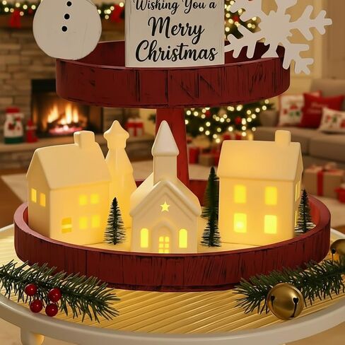 5Pcs White Ceramic Christmas Village Houses, Porcelain Light Up Christmas Village, 3 Village Figurines and 2 Trees, Tabletop Christmas Decor for Home, Winter Holiday Display, DIY Gift in Saudi Arabia