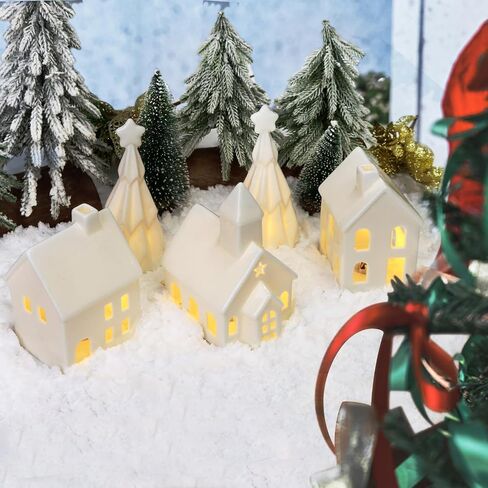 5Pcs White Ceramic Christmas Village Houses, Porcelain Light Up Christmas Village, 3 Village Figurines and 2 Trees, Tabletop Christmas Decor for Home, Winter Holiday Display, DIY Gift in Saudi Arabia