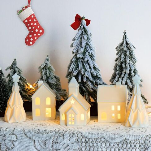 5Pcs White Ceramic Christmas Village Houses, Porcelain Light Up Christmas Village, 3 Village Figurines and 2 Trees, Tabletop Christmas Decor for Home, Winter Holiday Display, DIY Gift in Saudi Arabia