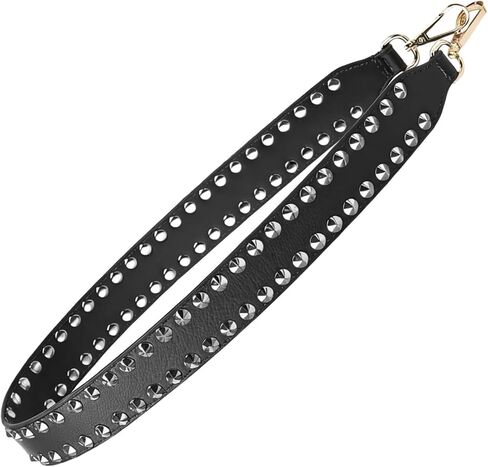 Wide Leather Shoulder Bag Strap, 35.43 ×1.57 Inches Silver Studded Replacement Strap, Cross Body Handbag Strap with Sturdy and Comfortable PU Leather, Double-Sided Black with Silver Hardware in Saudi Arabia