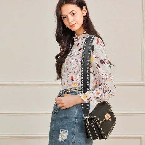 Wide Leather Shoulder Bag Strap, 35.43 ×1.57 Inches Silver Studded Replacement Strap, Cross Body Handbag Strap with Sturdy and Comfortable PU Leather, Double-Sided Black with Silver Hardware in Saudi Arabia