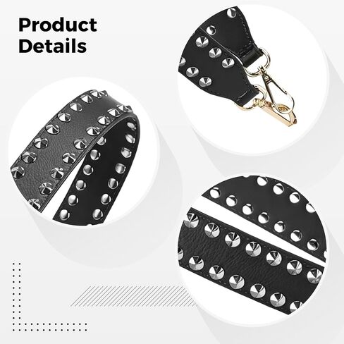 Wide Leather Shoulder Bag Strap, 35.43 ×1.57 Inches Silver Studded Replacement Strap, Cross Body Handbag Strap with Sturdy and Comfortable PU Leather, Double-Sided Black with Silver Hardware in Saudi Arabia