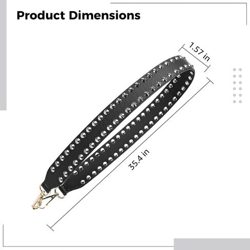 Wide Leather Shoulder Bag Strap, 35.43 ×1.57 Inches Silver Studded Replacement Strap, Cross Body Handbag Strap with Sturdy and Comfortable PU Leather, Double-Sided Black with Silver Hardware in Saudi Arabia