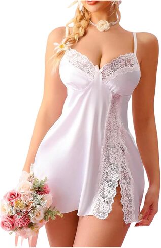 Verdusa Women's Floral Lace Lingerie Babydoll Nightgown Satin Deep V Neck Dress in Saudi Arabia