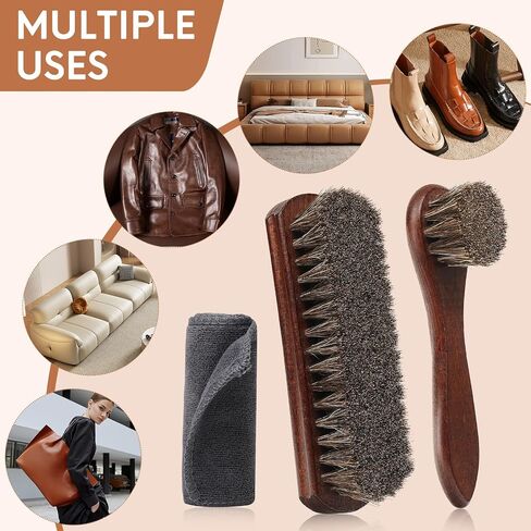 3-Pcs 100% Horse Hair Shoe Brush Kit Premium Dauber Applicator Leather Care Cleaning Set with Polishing Brush and Microfiber Cloth for Leather Suede Shoes/Boots/Bags/Cars/Cleaning/Polishing in Saudi Arabia
