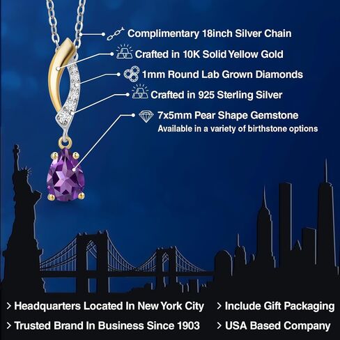 Gem Stone King Teardrop Netlace for Women | 925 الفضة و 10K الذهب الأصفر | Gemstone Birthstone و White Lab Grown Diamond | شكل الكمثرى 7x5mm | بسلسلة 18 بوصة in Saudi Arabia