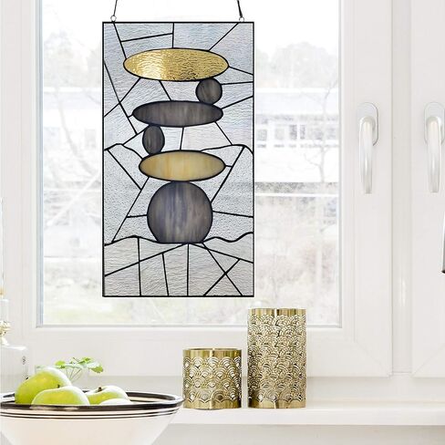 UKN 18" h Namaste Stained Glass Window Panel Grey Modern Contemporary Transitional Rectangular Nature Includes Hardware in Saudi Arabia