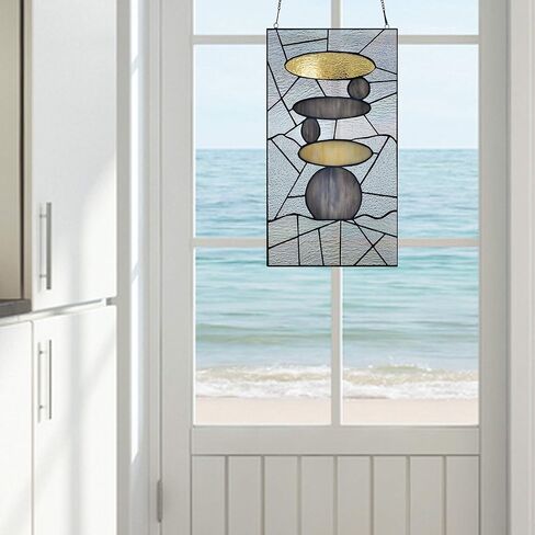 UKN 18" h Namaste Stained Glass Window Panel Grey Modern Contemporary Transitional Rectangular Nature Includes Hardware in Saudi Arabia
