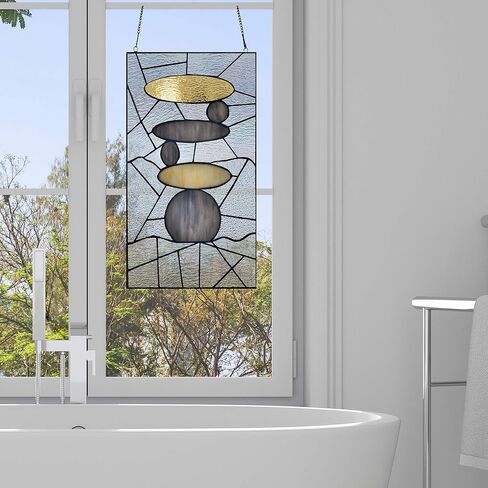 UKN 18" h Namaste Stained Glass Window Panel Grey Modern Contemporary Transitional Rectangular Nature Includes Hardware in Saudi Arabia