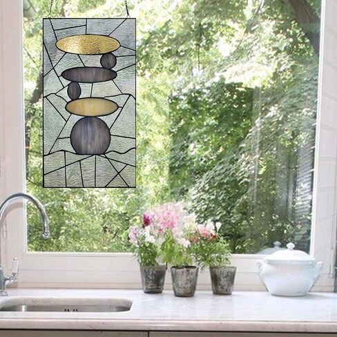 UKN 18" h Namaste Stained Glass Window Panel Grey Modern Contemporary Transitional Rectangular Nature Includes Hardware in Saudi Arabia