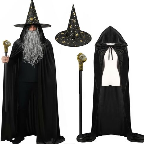 مجموعة أزياء Yaqizeng Wizard مع مخملية Cloak Wig Beard Wand Hat Halloween Witch Magician Cosplay Comple Props Props in Kuwait