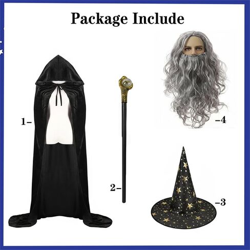مجموعة أزياء Yaqizeng Wizard مع مخملية Cloak Wig Beard Wand Hat Halloween Witch Magician Cosplay Comple Props Props in Kuwait